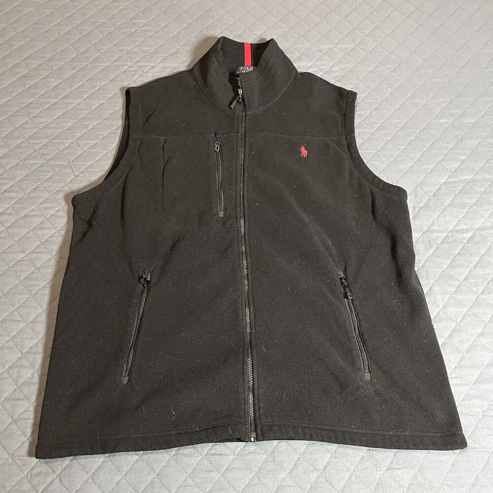 Polo Ralph Lauren Men’s Fleece Vest Pony Full Zip Country Club, Black/Red - XL